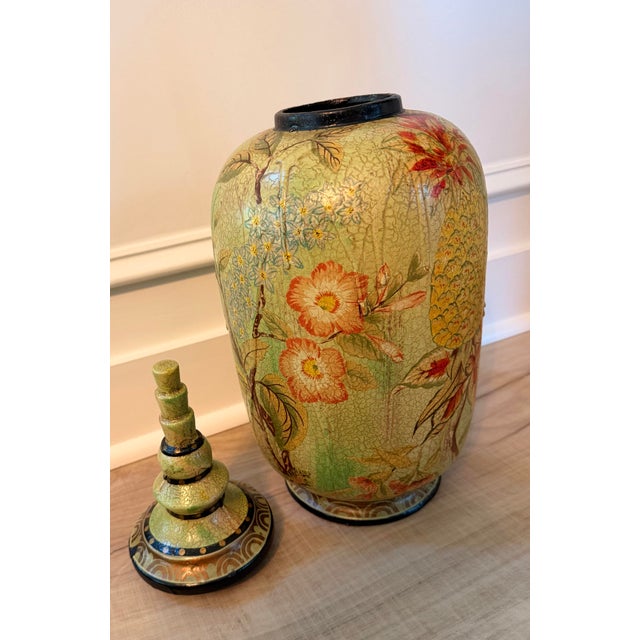 Late 20th Century Large Hand-Painted Crackle Finish Lidded Decorative Ginger Jar With Pineapple Motif For Sale - Image 5 of 13