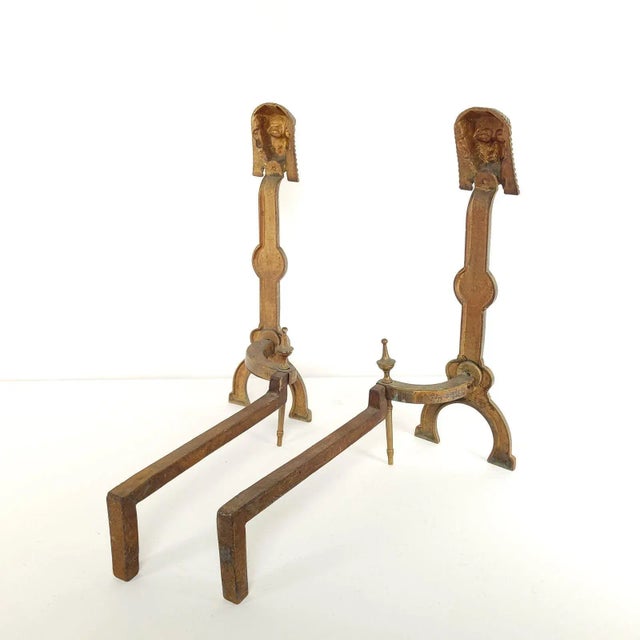Egyptian Revival Brass Andirons, Circa 1880 For Sale - Image 4 of 7