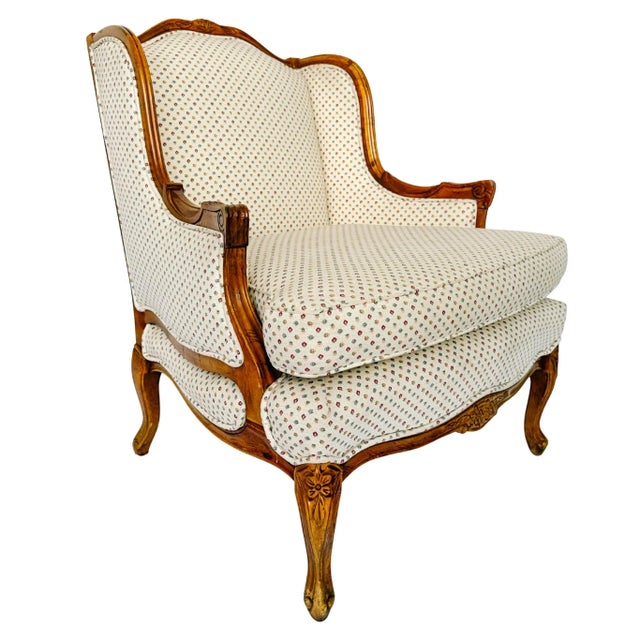 Mid 20th Century French Provincial Louis XV Bergere Armchair With Carved Wood Frame & Petite Floral Upholstery For Sale - Image 5 of 16
