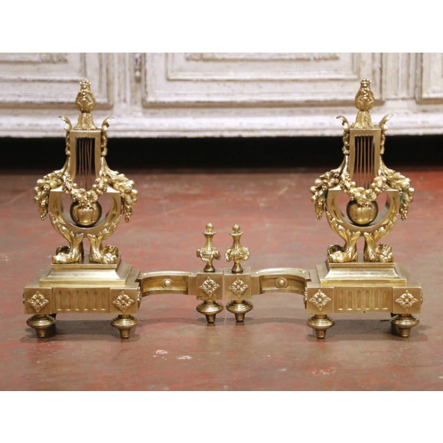 French Pair of 19th Century French Louis XVI Bronze Lyre Form Chenets Andirons For Sale - Image 3 of 10