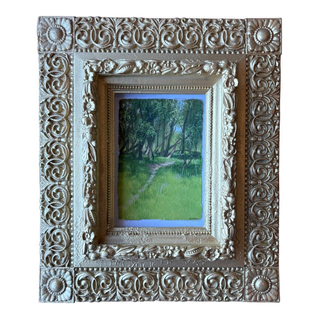 2025 Painting of Green Woods, Clearing, and Meadow on a Warm Day in Vintage Gold Frame For Sale