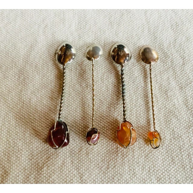 Mid-Century Sterling Silver Spoons With River Amber Stones, Set of Four For Sale - Image 6 of 12