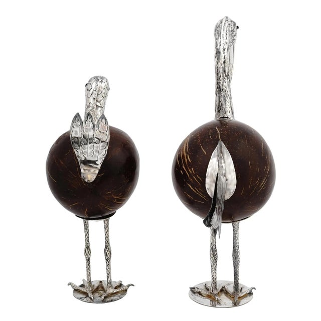 Matched Pair Antique Silver and Coconut Exotic Bird Figurines For Sale - Image 4 of 9