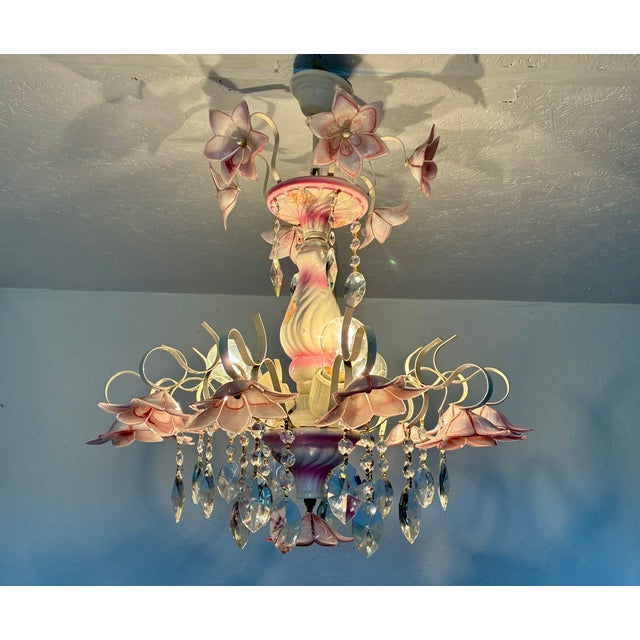 1980s Italian Murano Style Pink Floral Glass Chandelier With Crystals For Sale - Image 12 of 18