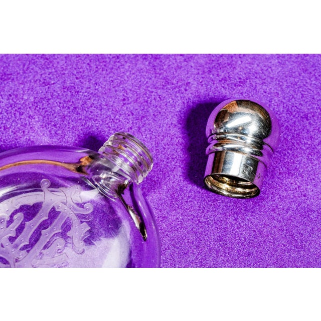 Metal Wonderful Antique Round Crystal Victorian Perfume Flask With Sterling Silver Cap Monogram JLC Home Decor Collectible For Sale - Image 7 of 13