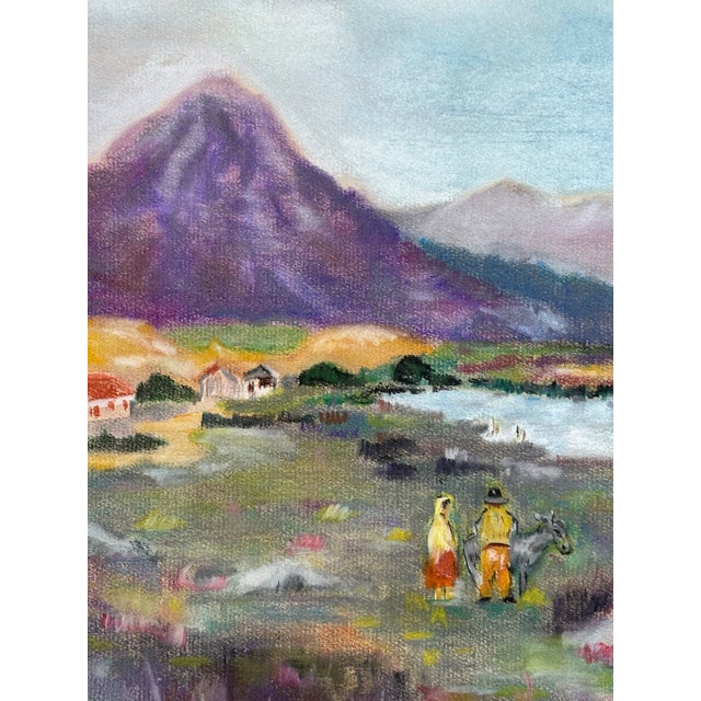 Patagonia from the Valley A well-executed original pastel on textured paper of a mountain scene with two figures featuring...
