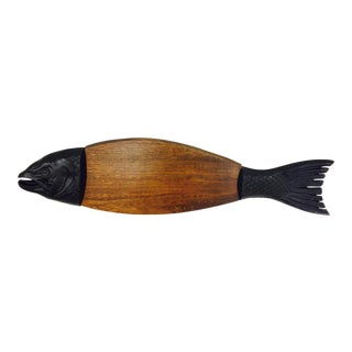 Vintage Cast Iron & Wood Fish Cutting Board For Sale