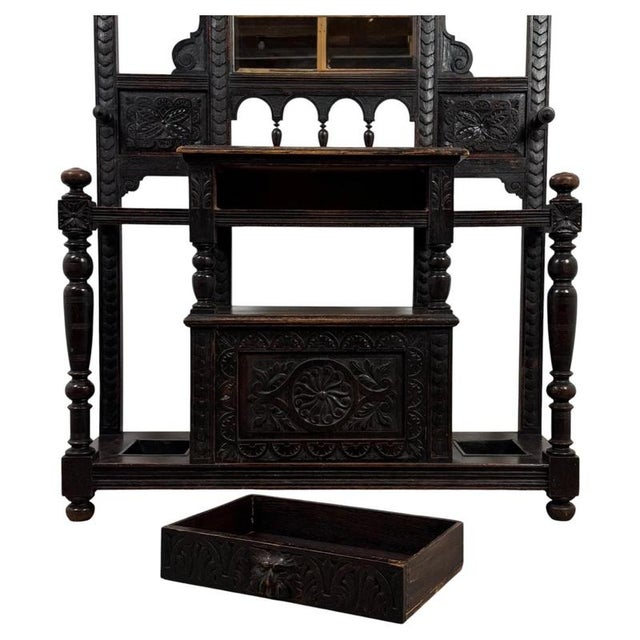 Antique English Victorian Green Man Hall Stand in Carved Oak, 1800s For Sale - Image 3 of 14