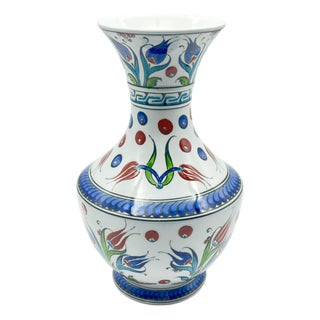 Handmade Ceramic Flared Vase (30cm) – Colorful Ottoman Tulips – Rustic Farmhouse Home Decor For Sale