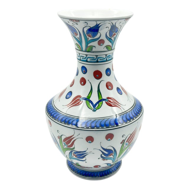 Handmade Ceramic Flared Vase (30cm) – Colorful Ottoman Tulips – Rustic Farmhouse Home Decor For Sale