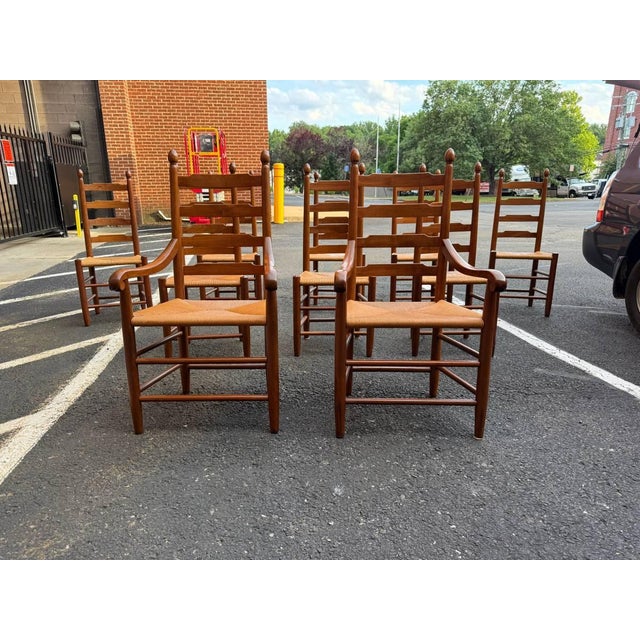 Late 20th Century 20th Century Clore Furniture Set of 10 Shaker Style Walnut Rush Seat Ladder Back Dining Chairs For Sale - Image 5 of 18