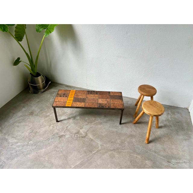 Coffee table in the roger capron shuttle style, in steel and ceramic. Superb coffee table, french artisan work from...