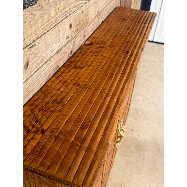 Brighton Pavilion Vintage Bamboo Wall-Mounted Bar Cabinet With Accordion Doors & Mermaid Handles For Sale - Image 4 of 12