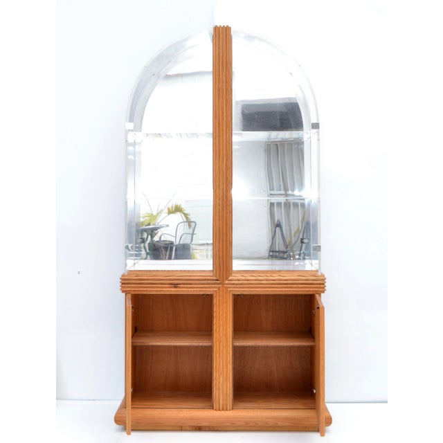 Mid-Century Modern two Piece arched Lucite Top Vitrine, Showcase, Bookshelf made in America 1980 with a blonde Oak Wood...