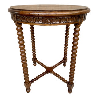 1930s Spanish Round Carved Wood Side Table With Bobbin Turned Legs For Sale