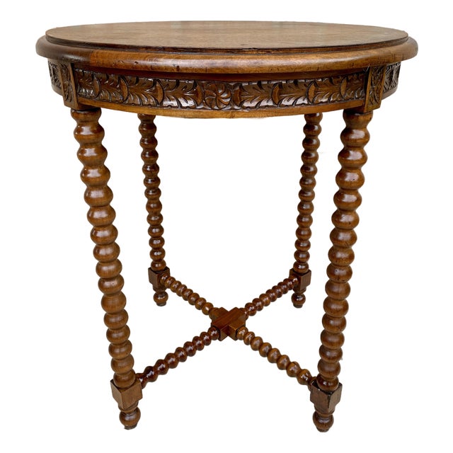 1930s Spanish Round Carved Wood Side Table With Bobbin Turned Legs For Sale
