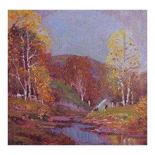 Vintage Impressionist Riverside Cabin Landscape Painting For Sale