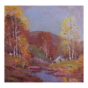 Vintage Impressionist Riverside Cabin Landscape Painting