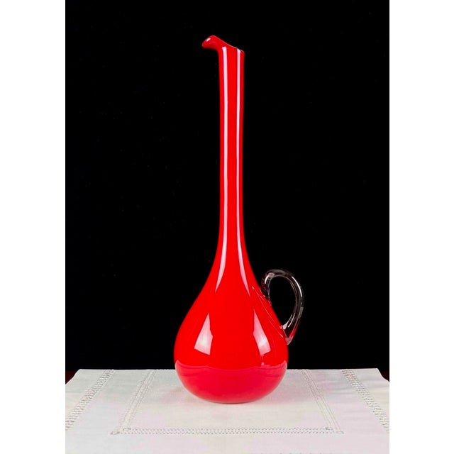 Mid-Century Modern 19" Mid 20th Century Italian Cased Ruby Red & Opalina Glass Ewer — Murano / Empoli Style For Sale - Image 3 of 12