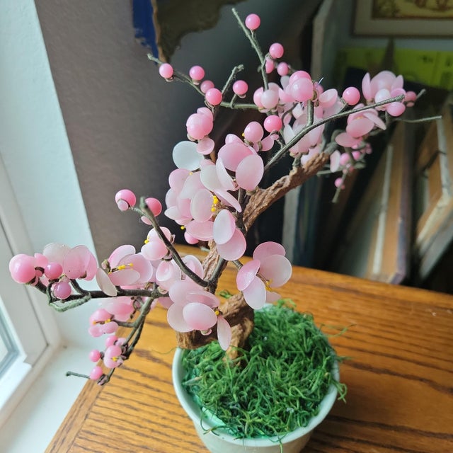 Glass VTG Glass Pink Cherry Blossom Flowers Leaves Bonsai Tree 12" Tall 4.5" Round MCM For Sale - Image 7 of 16