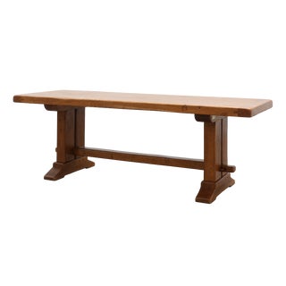Vintage Oak Trestle Table with Pegged Stretcher, France, 1950s For Sale
