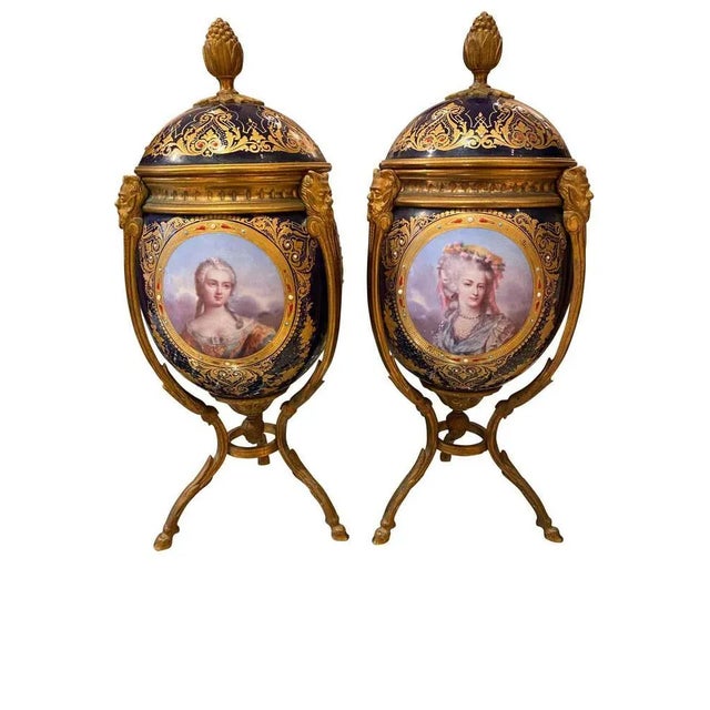 Antique Sèvres Style Ormolu Mounted Vases and Covers, 1860, Set of 2 For Sale - Image 9 of 13