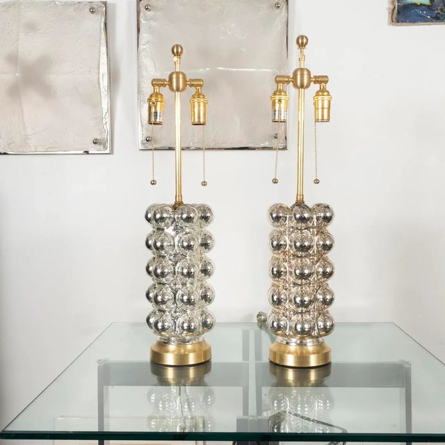 Mid-Century Modern Vintage Pair of Cylindrical Bubble Mercury Glass Lamps For Sale - Image 3 of 9