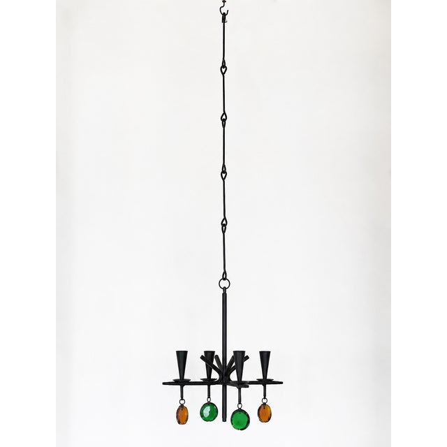 Wrought Iron 4-Arm Candle Chandelier with Green and Amber Glass Pendants by Gunnar Ander for Ystad-Metall, Sweden, 1960s For Sale - Image 10 of 10