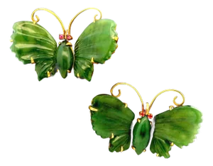 Vintage Carved Jade Butterfly Brooches in 14k Gold With Ruby Accents – Pair