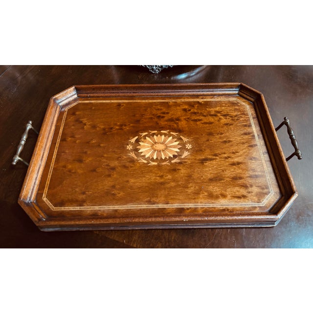 Stunning Antique Serving Tray, English, mahogany with hand painted design at center. Brass handles. Green felt underneath....