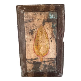 1990s Primitive Folk Art Pear Painting on Weathered Wood / Rustic Framed Found Art For Sale
