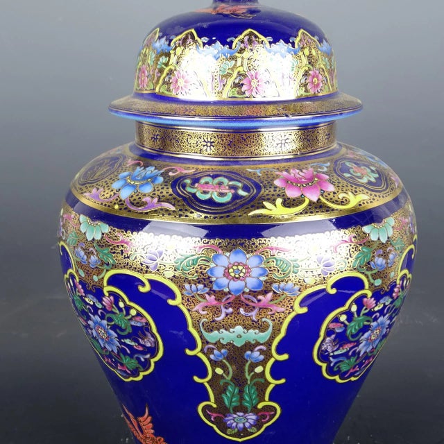 Chinese Vintage Ceramic Pot,Qing Dynasty Qianlong Marked Blue Ground Gold Color Enamel Porcelain Ginger Jar Hand Painted Flowers Pattern For Sale In Seattle - Image 6 of 7