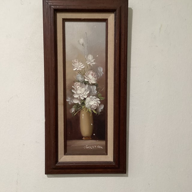 Vintage Painting on Driftwood “White Peony“ by Robert Cox (1934- 2001) Framed For Sale - Image 11 of 12