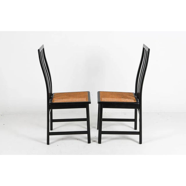 1970s 1970s Italian Black Lacquered Cane Seat Dining Chairs in Manner of Motina, Set of Eight For Sale - Image 5 of 8