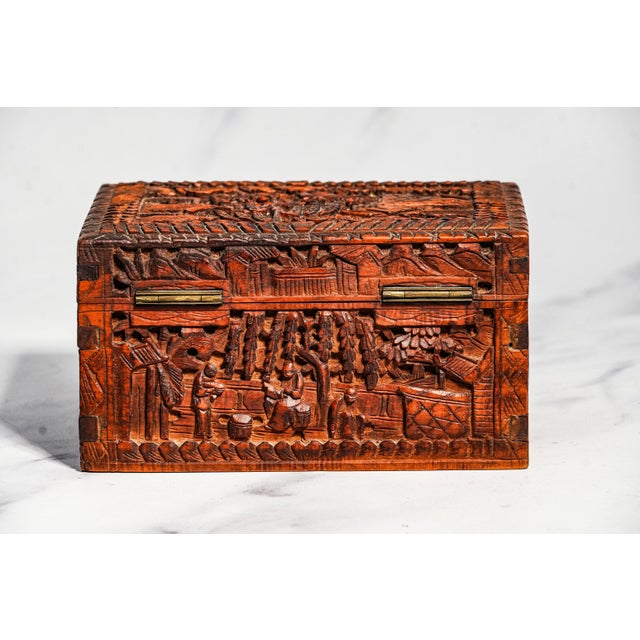 Hand Carved Village Scene Box Antique Chinese Wood Box 19th Century Decorative Chinoiserie Asian Oriental Home Decor For Sale - Image 9 of 13