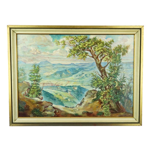 Hans Lang, Post-Impressionist City and Mountains, 1957, Oil Painting on Masonite For Sale