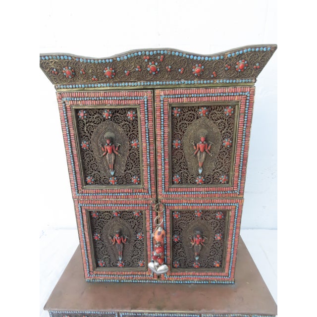Wood Nepalese Shrine Temple Prayer Cabinet Gilt Coral Turquoise Figural Altar 4491b For Sale - Image 7 of 18