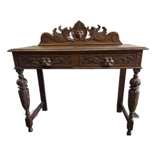 Antique 1880 Carved Lion Desk Solid Quater Sawn Oak Renaissance Revival Spanish Revival For Sale