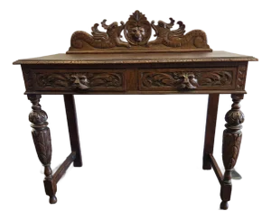 Antique 1880 Carved Lion Desk Solid Quater Sawn Oak Renaissance Revival Spanish Revival