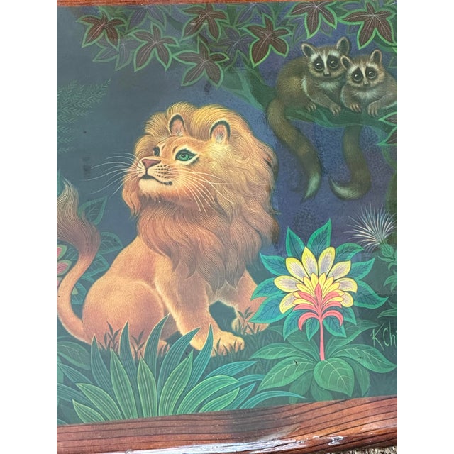 Wood Vintage 1970s Folk Art Handmade Lion Print on Lacquered Wood For Sale - Image 7 of 10