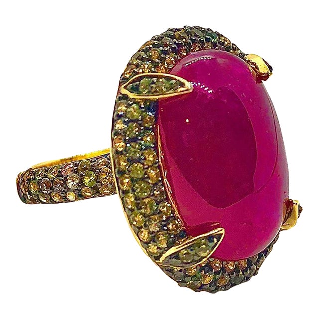 Bochic “Orient” Vintage Ruby & Yellow Sapphire Ring Set In 18 K Gold & Silver For Sale