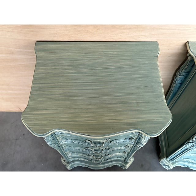 1950s Pair of Solid Wood Carved Turquoise Nightstands With Five Drawers, Signed For Sale - Image 6 of 13