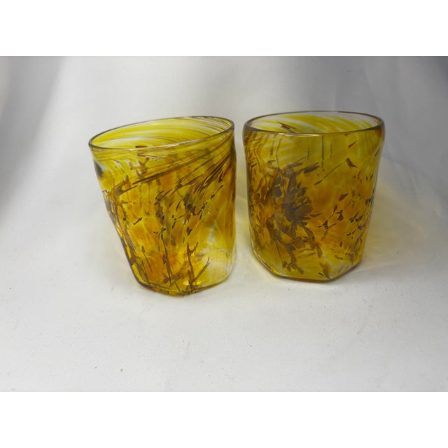 Vintage Murano Goti De Fornasa Amber Yellow & Brown Swirl Art Glass Tumblers — Pair For Sale - Image 11 of 12