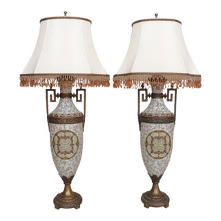 Renaissance Style Bronze & Porcelain Table Lamps, a Pair For Sale