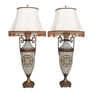 Renaissance Style Bronze & Porcelain Table Lamps, a Pair