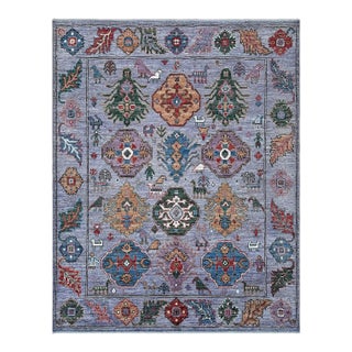 Lavender Pictorial Oushak Hand-Knotted Wool Area Rug With Animals - 8' X 9'8" For Sale