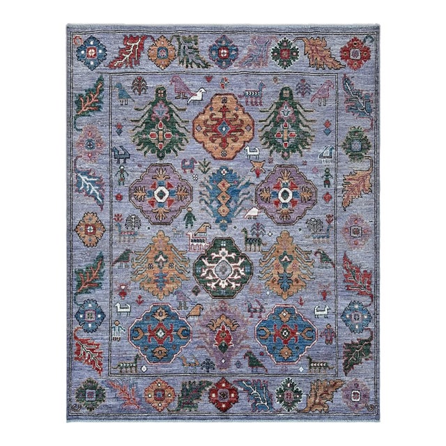 Lavender Pictorial Oushak Hand-Knotted Wool Area Rug With Animals - 8' X 9'8" For Sale