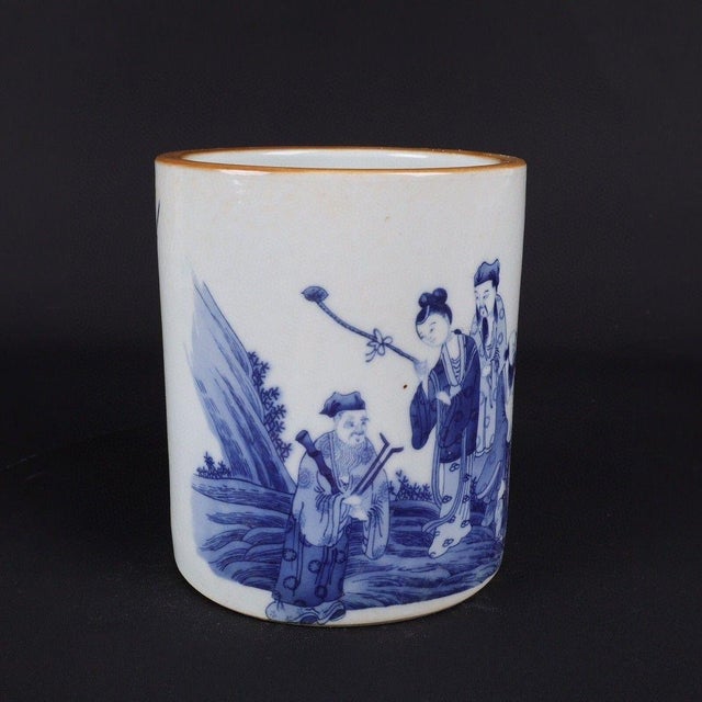 Ceramic Vintage Blue & White Porcelain Brush Pot With Eight Immortals For Sale - Image 7 of 9