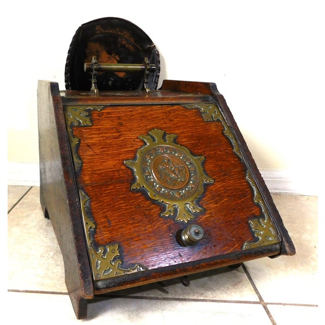 Antique 19th C Rolling Wood & Brass Figural Fireplace Scuttle Box Coal Bucket W/ Liner & Scoop For Sale - Image 11 of 11