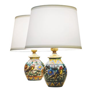 1960s Majolica Italy Hand Painted Bird Ceramic Pottery Boudoir Table Lamps - a Pair For Sale
